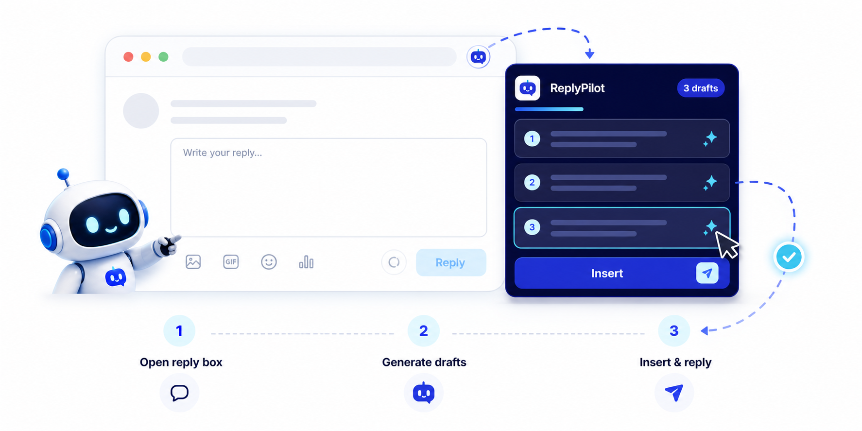 TypeToSell workflow showing a reply box, three generated draft cards, and an insert action